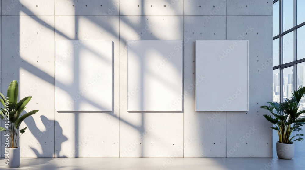 Poster Three empty frames are positioned on a concrete wall, illuminated by sunlight filtering through large windows, creating an inviting atmosphere