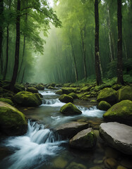 Serene forest stream cascading over mossy rocks in lush green woodland