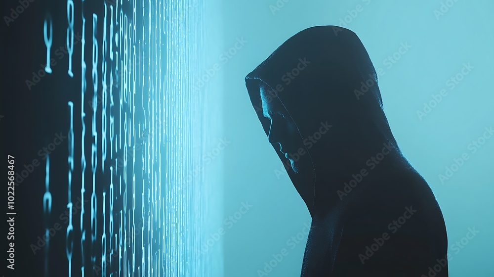 Poster hooded figure silhouette with blue binary background, digital illustration of hacker, fraud and cybe