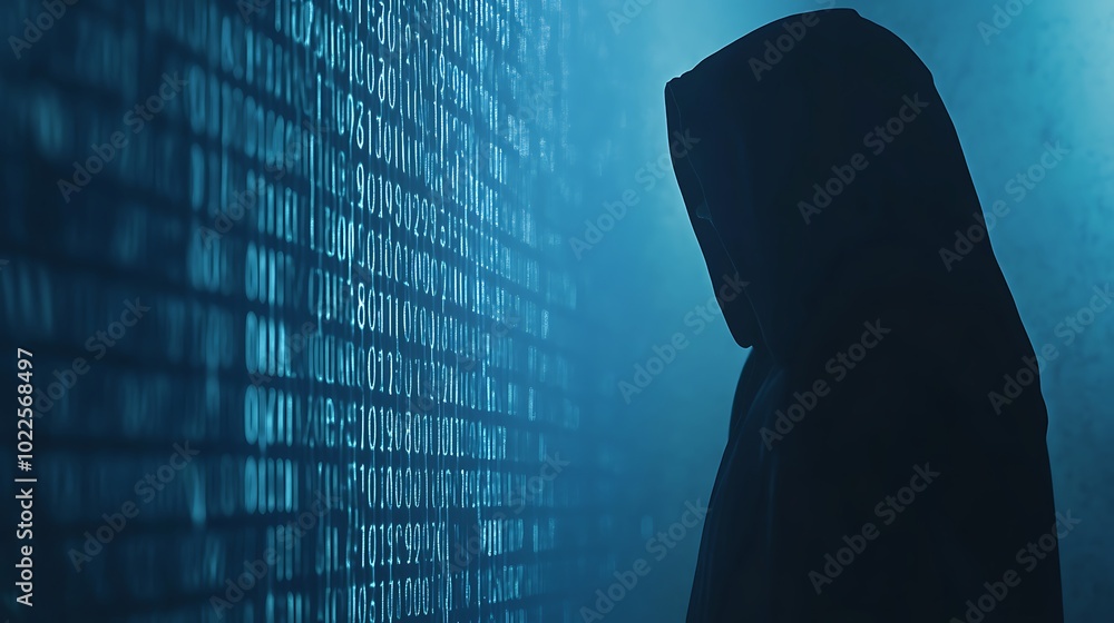 Aufkleber hooded figure silhouette with blue binary background, digital illustration of hacker, fraud and cybe