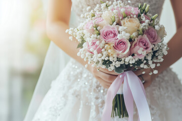 Bride holding pink and ivory rose bouquet with baby's breath