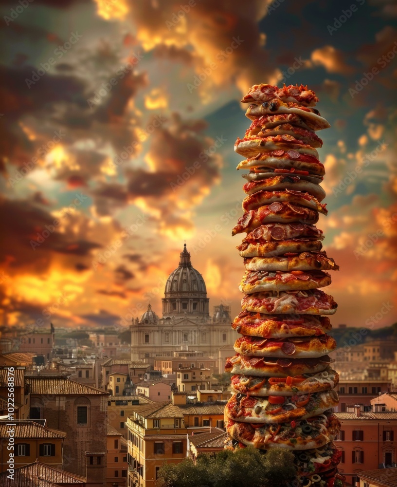 Poster a stack of pizza is stacked on top of each other. ai.
