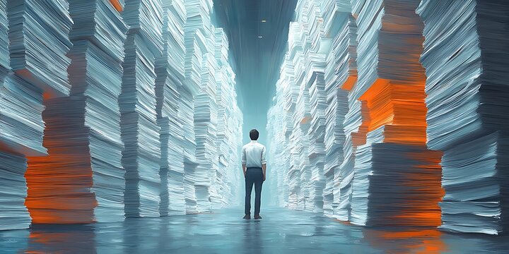 A man staying in a corridor of papers stacked on each other in white and orange theme illustration design, digital cartoon like wallpaper, state of mind, creativity and new ideas