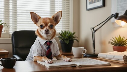 Charming dog in shirt and tie sitting at desk with open book in cozy office setting