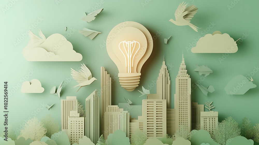 Poster creative design of a classic light bulb in the middle of image with buildings and towers around it o