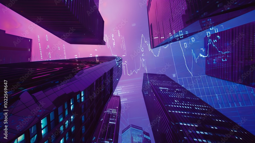 Poster global economic data analysis with interactive charts above modern skyscrapers representing advanced