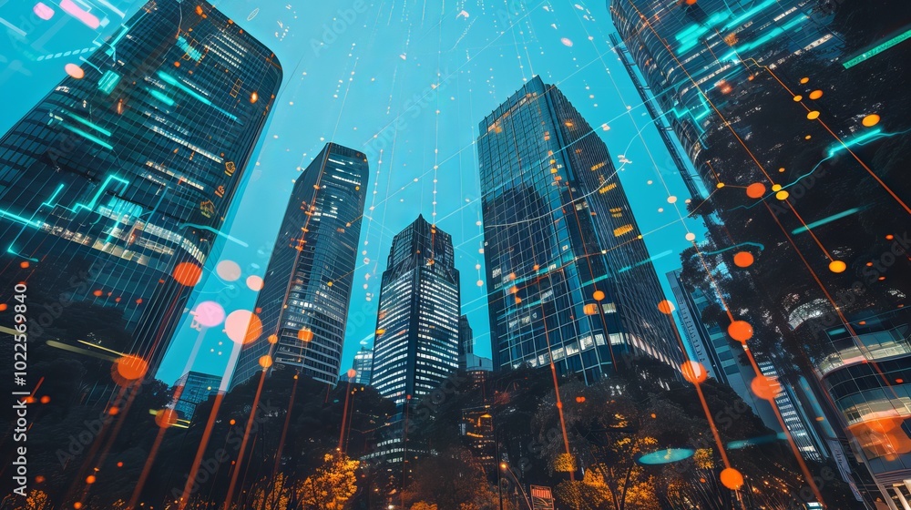 Poster global economic data analysis with interactive charts above modern skyscrapers representing advanced