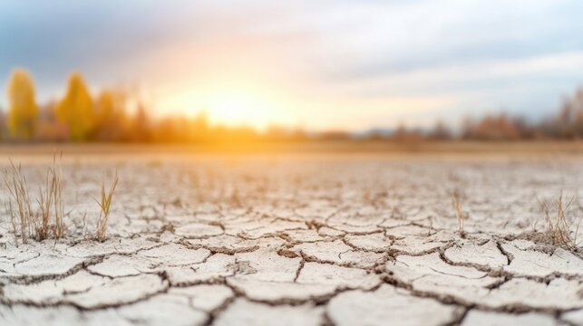 A field of dry cracked soil supports scant grass, illuminated by a warm autumn sunset in the distance