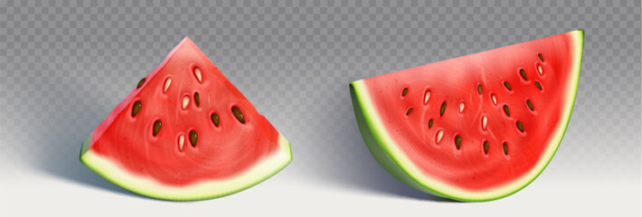 Isolated summer red watermelon slice vector icon. 3d realistic water melon drawing illustration design. Juicy and bright pink texture of tropical food. Sweet and ripe vitamin berry harvest graphic set