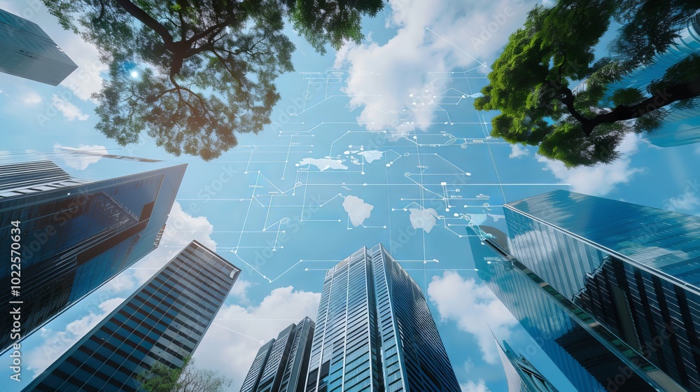 Poster global economic data analysis with interactive charts above modern skyscrapers representing advanced