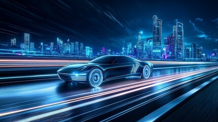 Fototapeta premium A futuristic car speeding through a city at night, with neon lights streaking behind it.