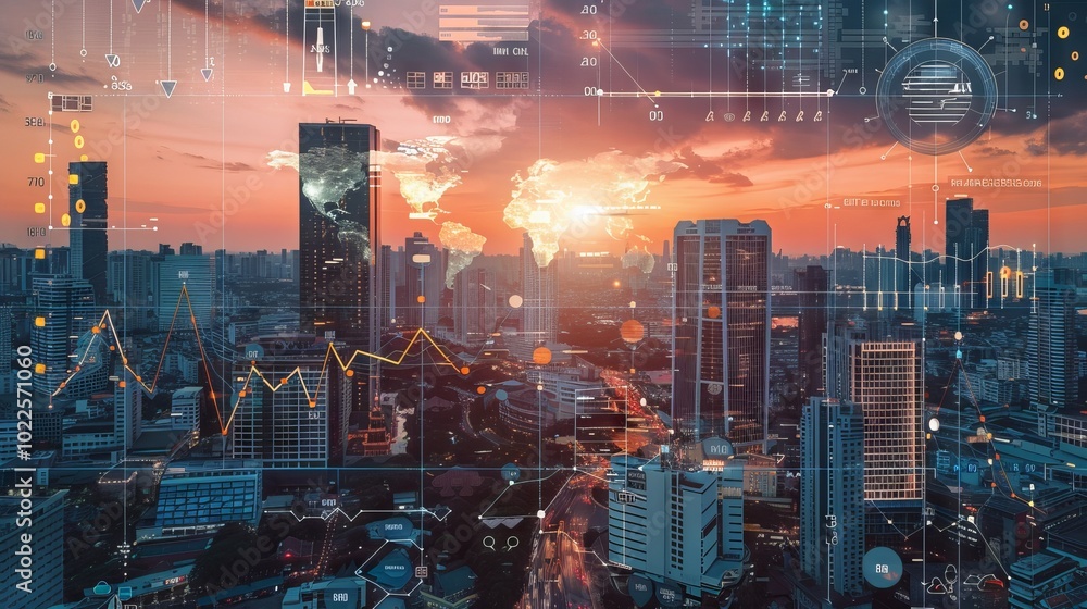Poster global economic data analysis with interactive charts above modern skyscrapers representing advanced