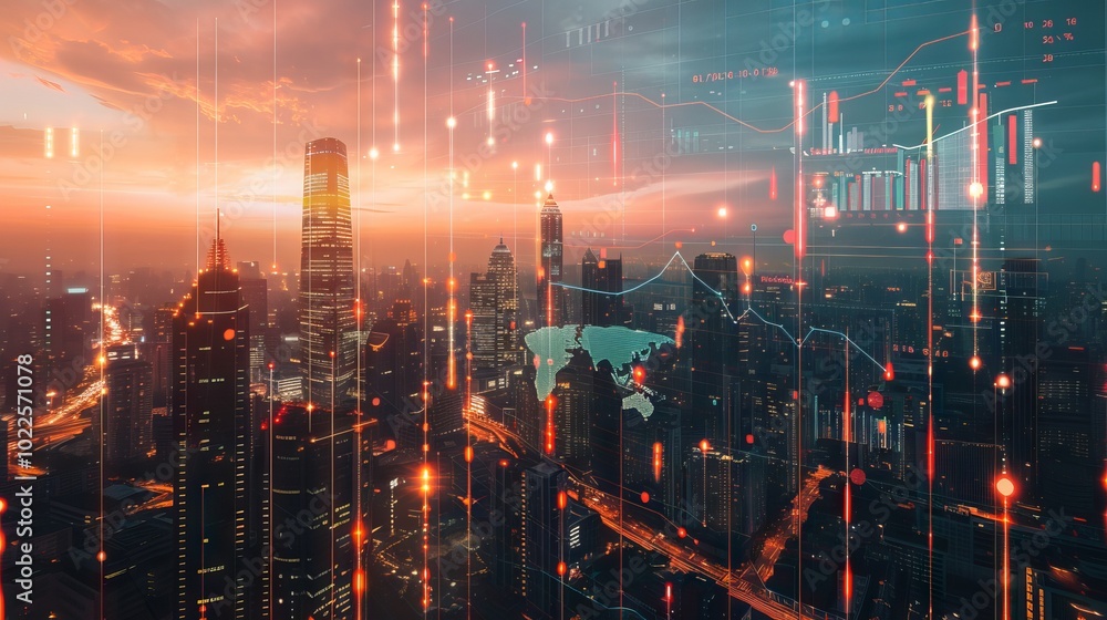 Poster global economic data analysis with interactive charts above modern skyscrapers representing advanced
