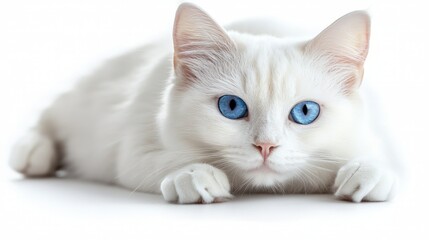 A white cat with blue eyes lies on a white background, looking directly at the camera.