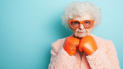 An elderly woman stands confidently with her fists raised, sporting orange boxing gloves and quirky glasses, ready for a challenge