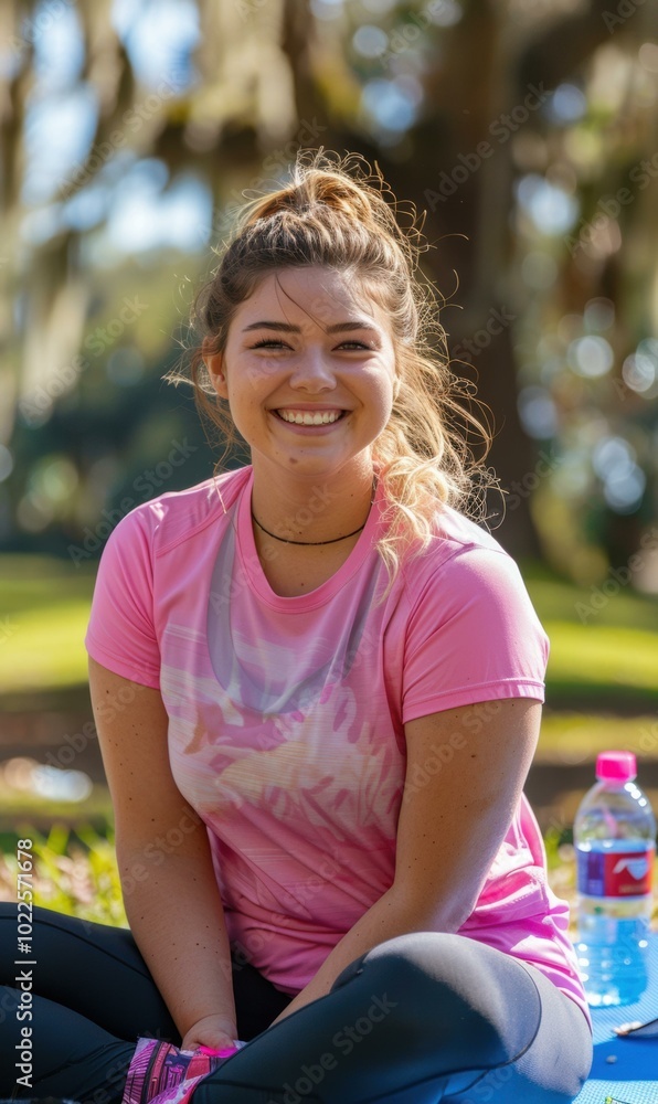 Canvas Prints A woman smiles in a pink shirt and black pants. AI.