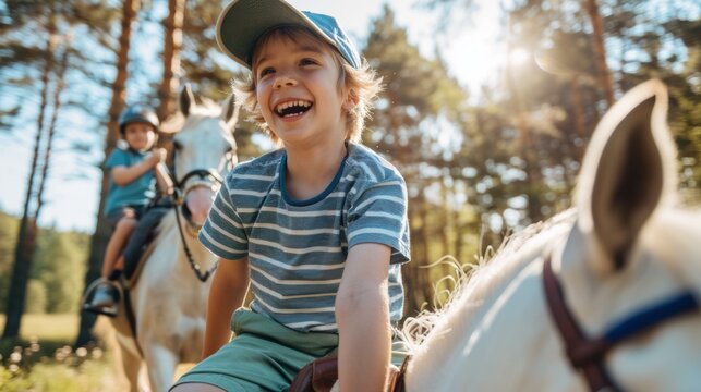 A young boy smiles while riding a horse. AI. - Powered by Adobe