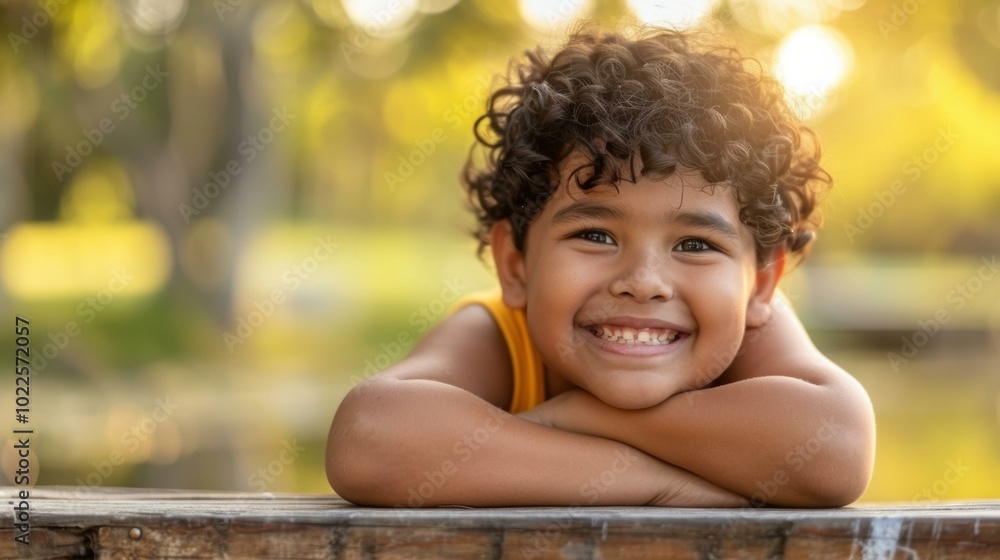 Sticker A young boy with curly hair smiles brightly. AI.