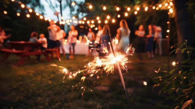 A brightly lit sparkler in the foreground, casting a warm glow, with a festive backyard party in the background. 4th july, memorial. independence