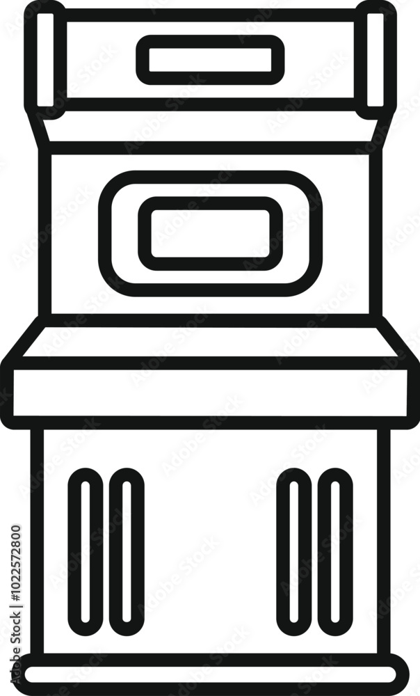 Poster line drawing of a large arcade machine with its front open showing the screen and buttons