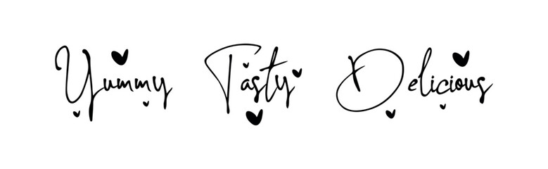 yummy tasty delicious sign on white background	