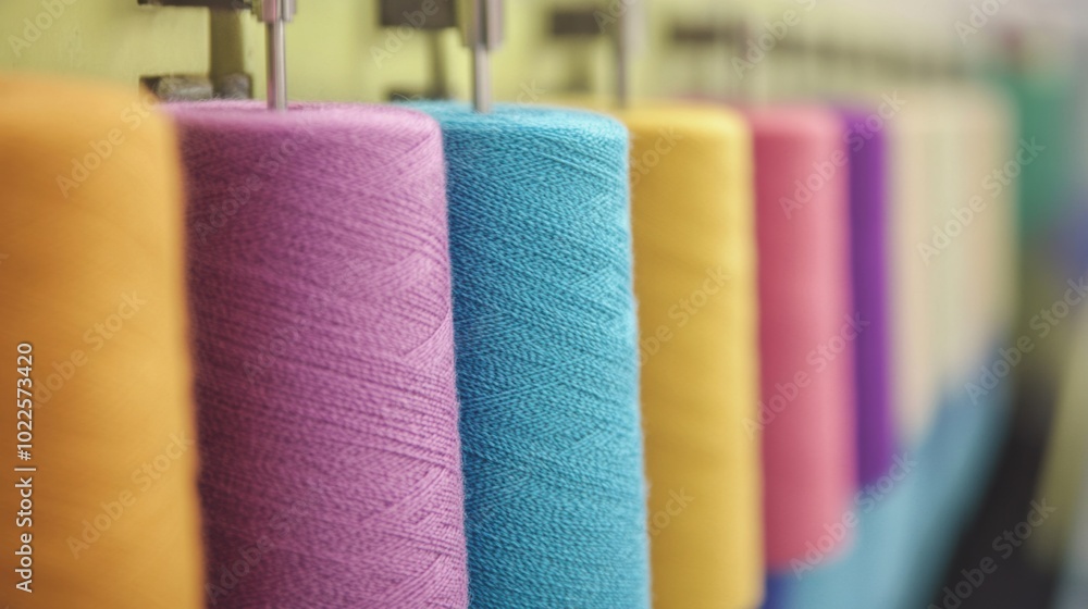 Poster brightly colored thread spools are neatly organized in a workshop, ready for use in various textile 