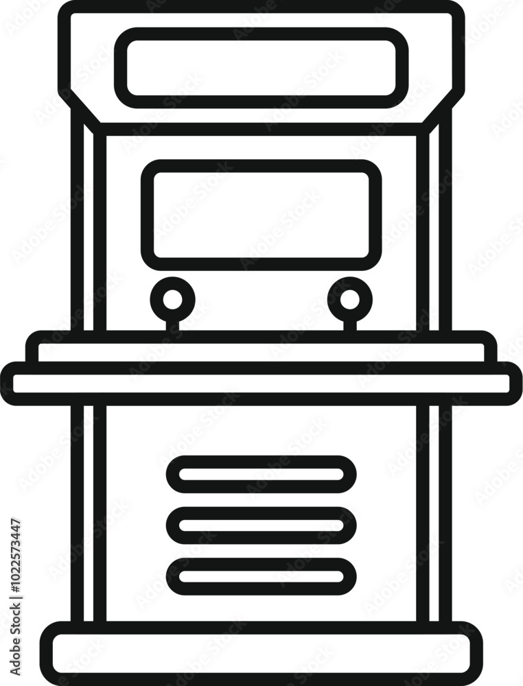 Poster retro arcade game machine with joysticks displaying playing screen line icon for apps and websites