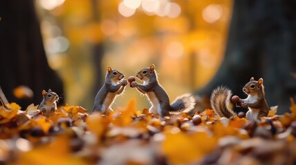 Squirrels Gathering Nuts in Autumn Leaves
