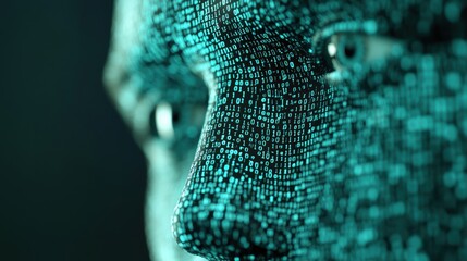 This visual represents a digital human face integrated with matrix code, highlighting themes of technology and identity