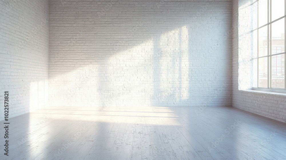Poster a clean and minimalistic empty room features white brick walls and sunlight streaming through large 