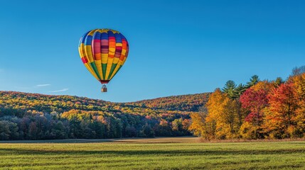 Fototapeta premium Hot air balloon floating over autumn foliage.