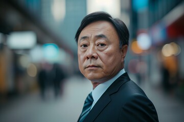 Confident Chinese businessman standing in modern urban office environment with city skyline in background