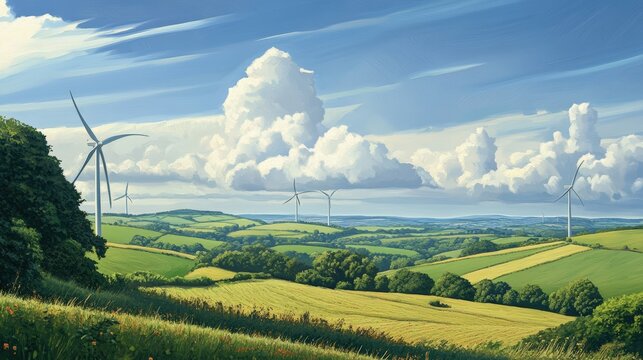 Green rolling hills with wind turbines.