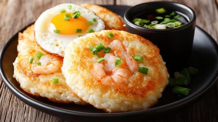 Delicious shrimp rice cakes with egg and dipping sauce