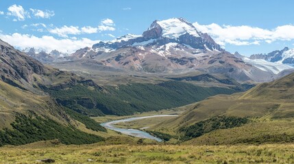 Fototapeta premium A majestic snow-capped mountain peak rises above a verdant valley with a meandering river flowing through it.