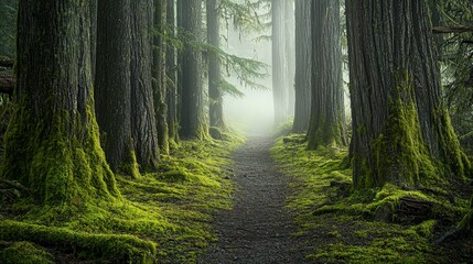 Obraz premium A misty forest path winds through tall trees, covered in moss, leading into the distance.