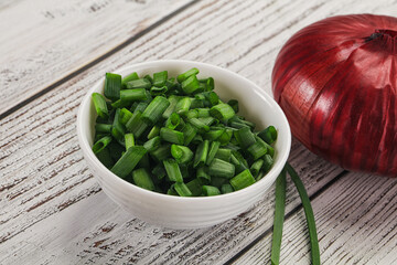 Diced green onion in the bowl