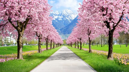 Obraz premium Cherry Blossom Pathway in Scenic Mountain Landscape