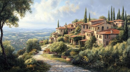 Fototapeta premium Stone path leads to Italian village with view.