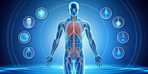 A Detailed Anatomical Representation of the Human Form with Interconnected Systems Depicted by Surrounding Orbs and Fluid Elements