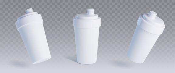 White protein cocktail shaker plastic bottle in different angles on transparent background. Realistic 3d vector illustration set of gym and fitness sport water reusable container mockup for branding.