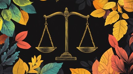 Scales of justice surrounded by colorful autumn leaves, symbolizing balance and fairness