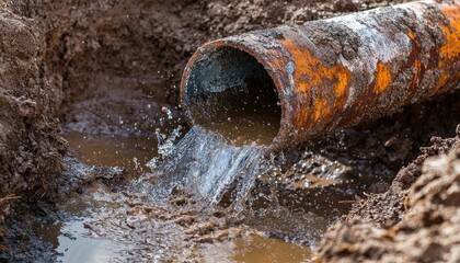 Fototapeta premium A rusty pipe discharges water into a muddy trench, indicating potential drainage or plumbing work.