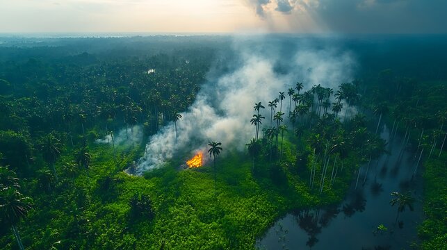 Aerial view of a forest fire burning in a lush jungle landscape.