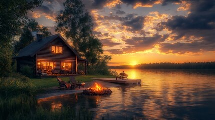 Cozy cabin on a lake at sunset with a bonfire burning in the foreground.