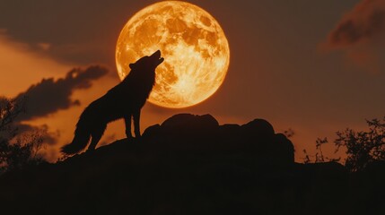 A wolf silhouetted against the full moon, howling from a hill.