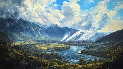 Fototapeta premium Smog rises from a factory by a river in mountains.