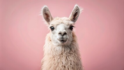 Fototapeta premium A fluffy white llama with large, expressive eyes gazes directly at the camera, set against a soft pink backdrop, evoking a sense of playful curiosity and gentle charm.