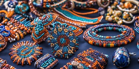 Fototapeta premium Assorted colorful beaded jewelry on blue background.