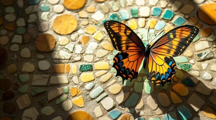 Colorful butterfly on a mosaic floor.